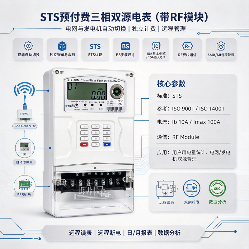 Smart Prepaid Electricity Meter featuring three phase four wire measurement with RF communication for power monitoring and management